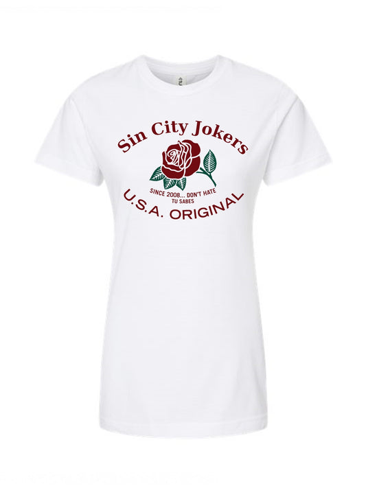 SCJ La Rosa Ladies Tee (white tee) - Sin City Jokers