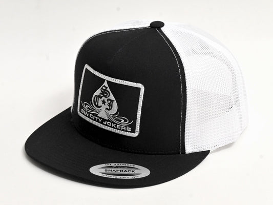 SCJ Pinstripe Spade Patch Trucker (Black & White)